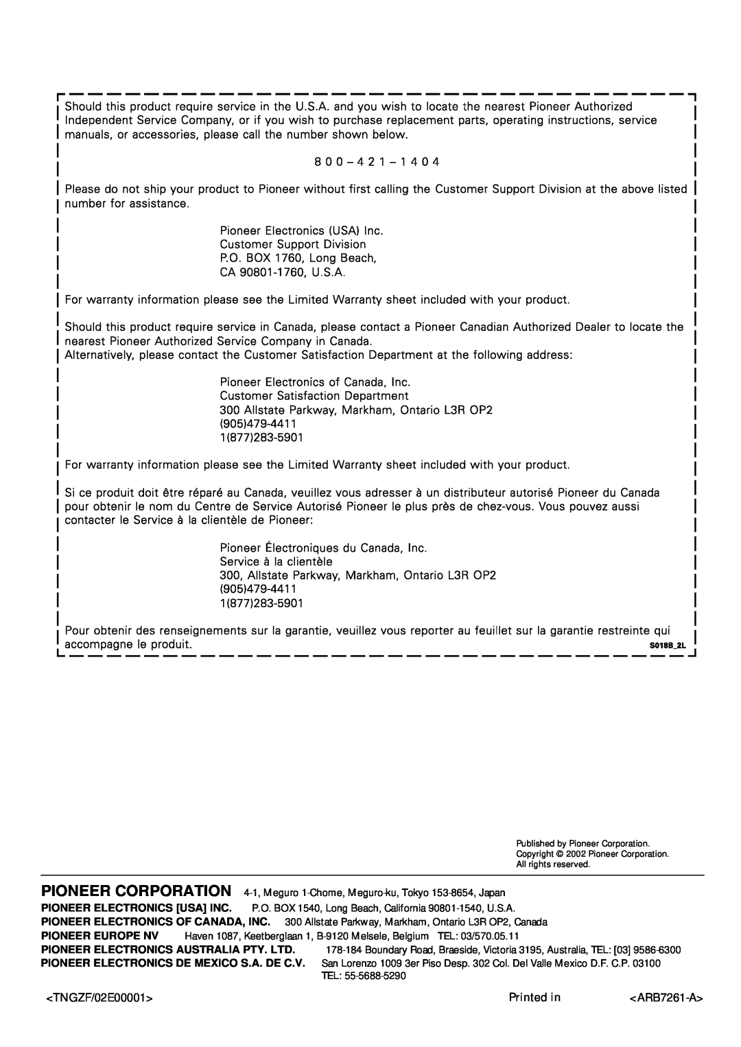 Pioneer VSX-43TX operating instructions <TNGZF/02E00001>, Printed in, ARB7261-A 