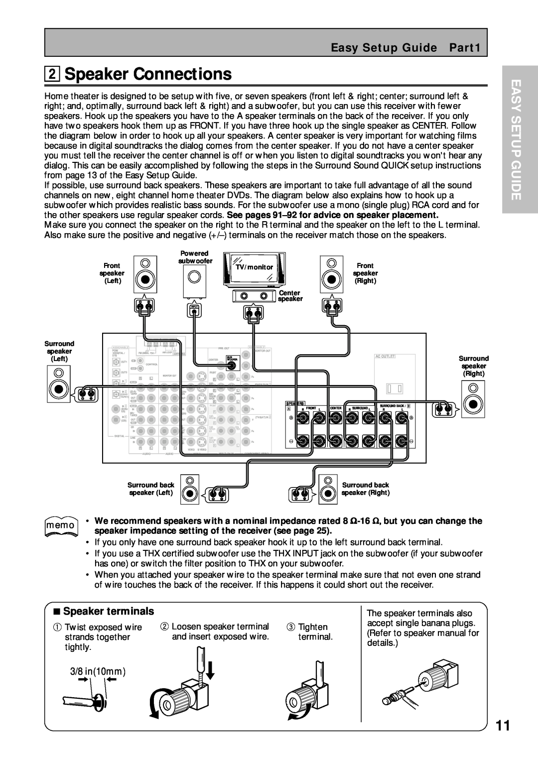 Pioneer VSX-43TX operating instructions 2Speaker Connections, 3/8 in10mm, Easy Setup Guide Part1, memo 
