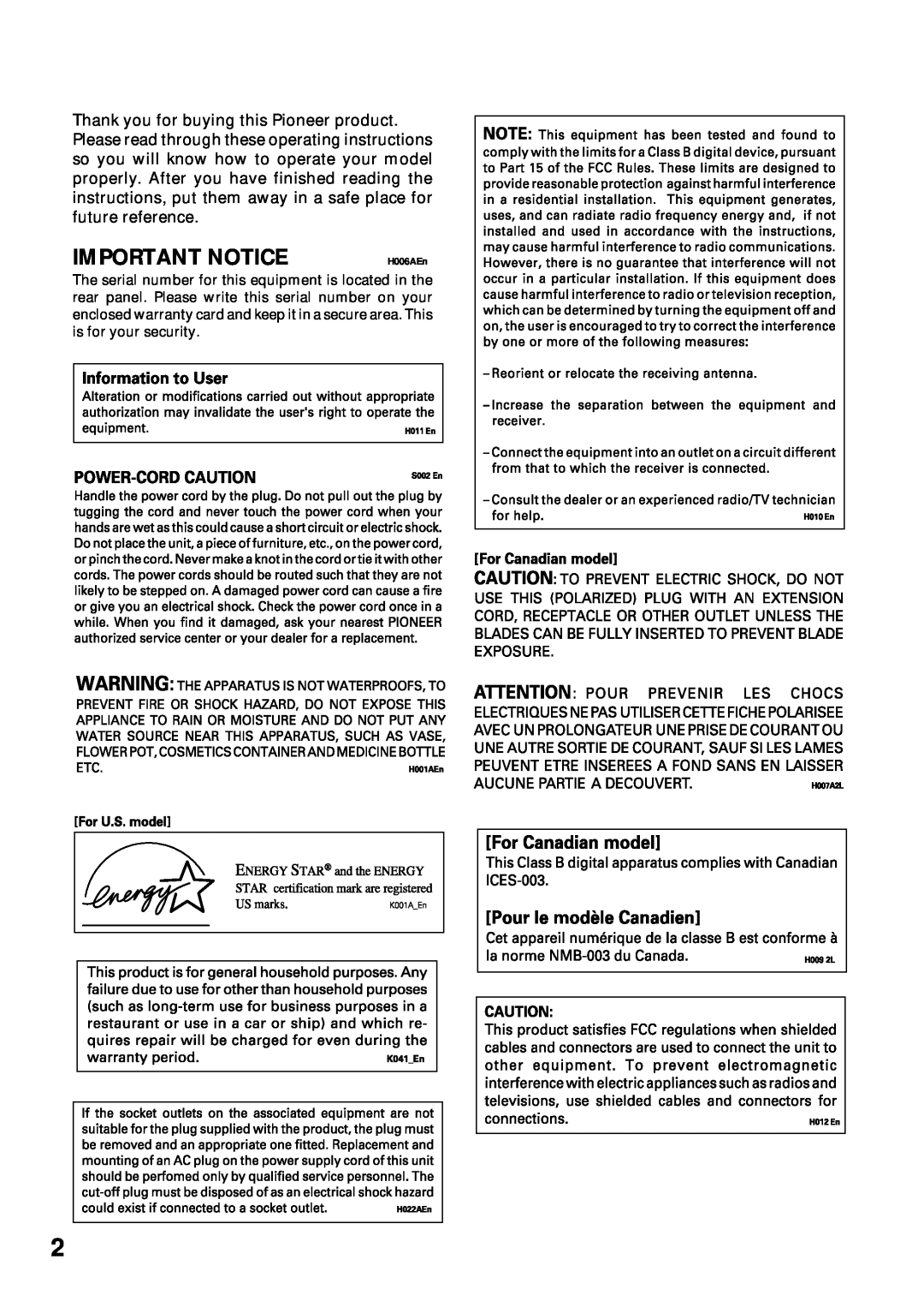 Pioneer VSX-43TX operating instructions Important Notice, H006AEn 