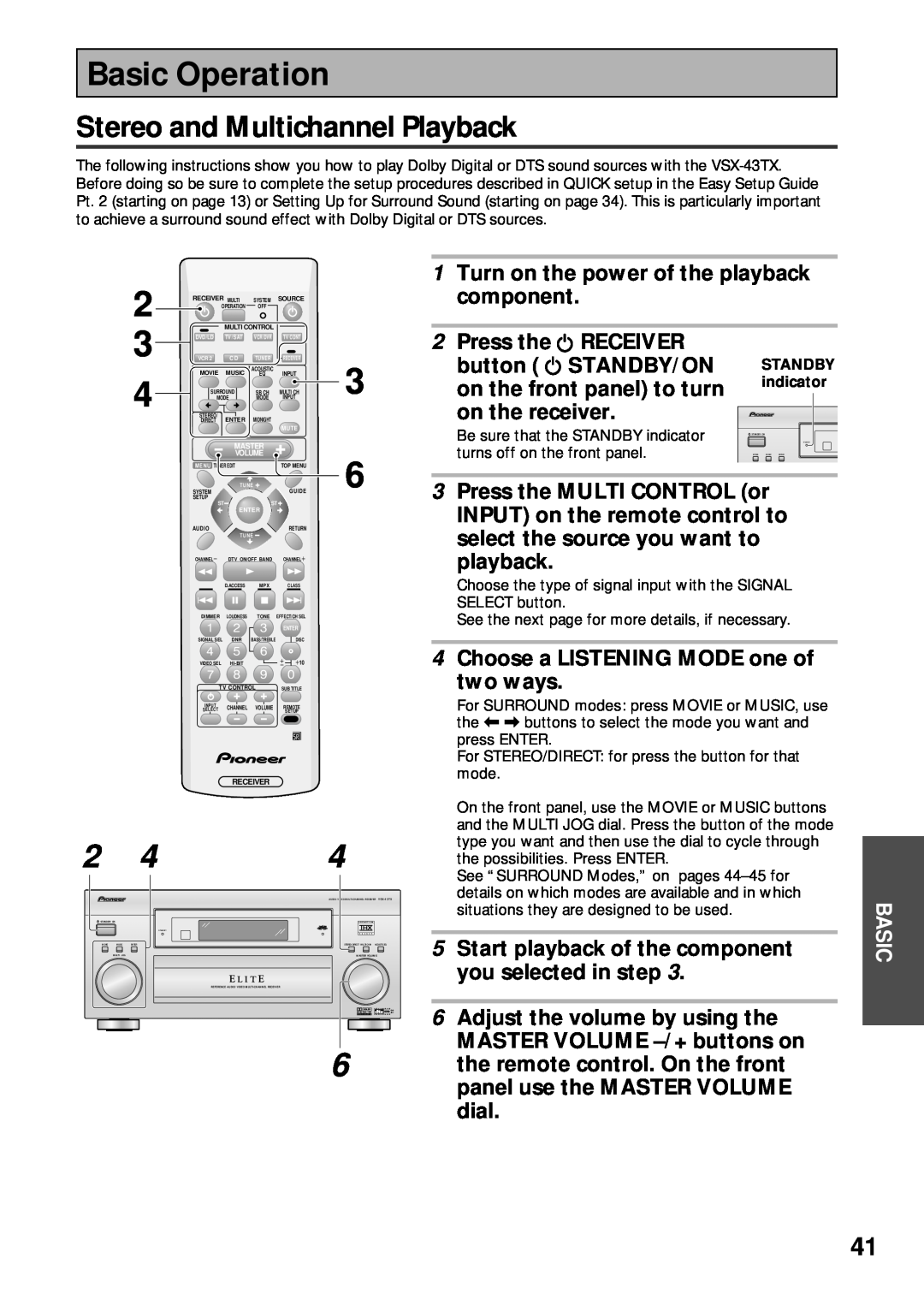 Pioneer VSX-43TX Basic Operation, Stereo and Multichannel Playback, 1Turn on the power of the playback component, Master 