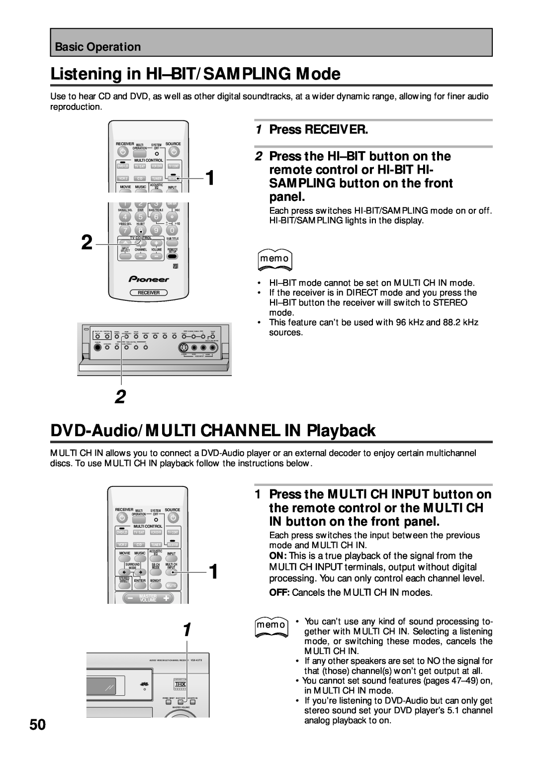 Pioneer VSX-43TX Listening in HI–BIT/SAMPLINGMode, DVD-Audio/MULTICHANNEL IN Playback, IN button on the front panel 