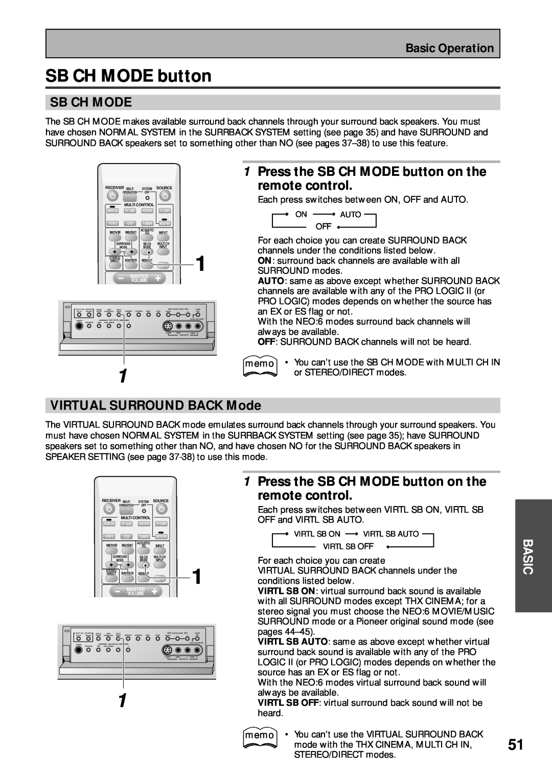 Pioneer VSX-43TX Sb Ch Mode, 1Press the SB CH MODE button on the, VIRTUAL SURROUND BACK Mode, remote control 