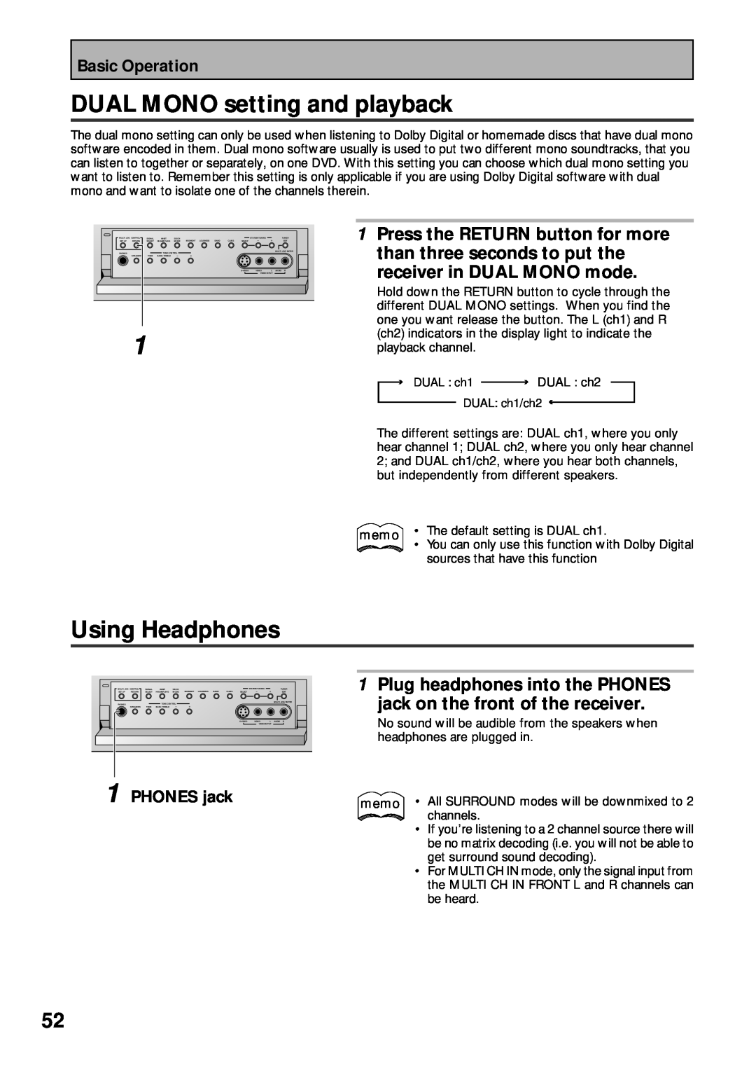 Pioneer VSX-43TX DUAL MONO setting and playback, Using Headphones, receiver in DUAL MONO mode, PHONES jack 