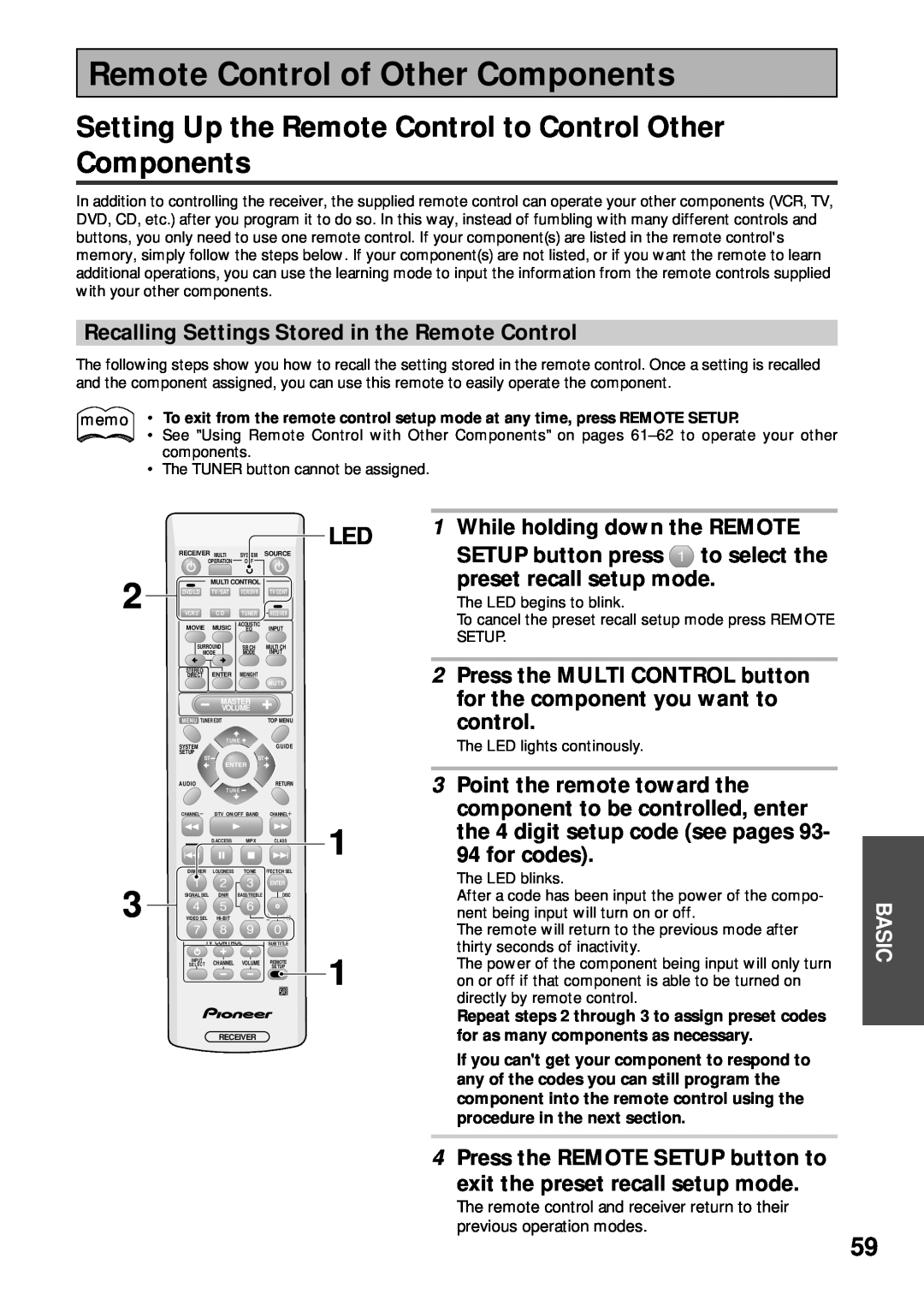 Pioneer VSX-43TX Remote Control of Other Components, Recalling Settings Stored in the Remote Control, control, for codes 