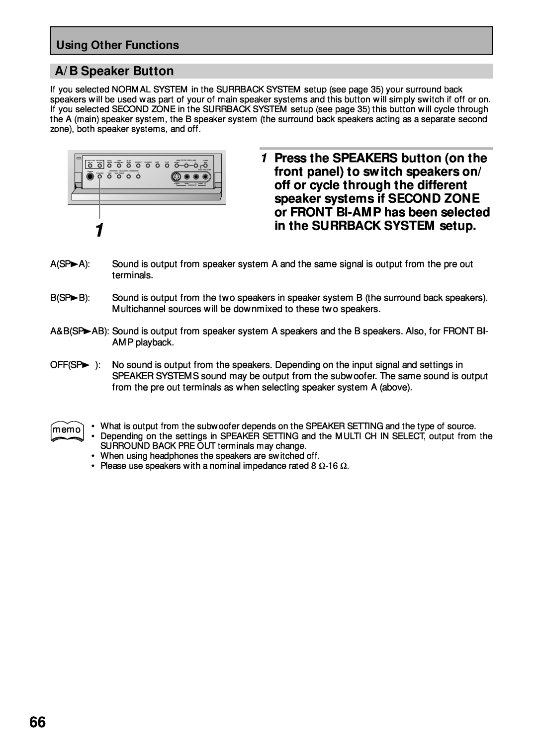 Pioneer VSX-43TX operating instructions A/B Speaker Button, Using Other Functions 