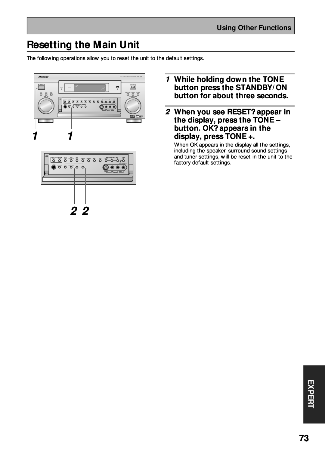 Pioneer VSX-43TX operating instructions Resetting the Main Unit, Expert 