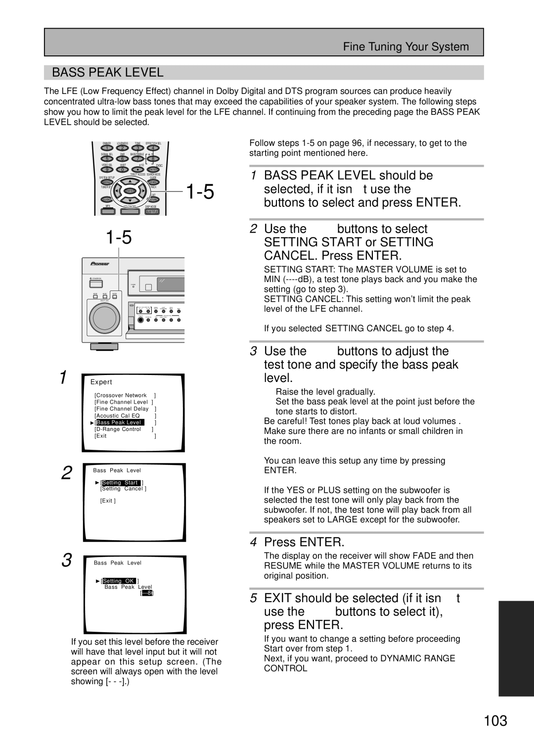 Pioneer VSX-45TX manual 103, Bass Peak Level 