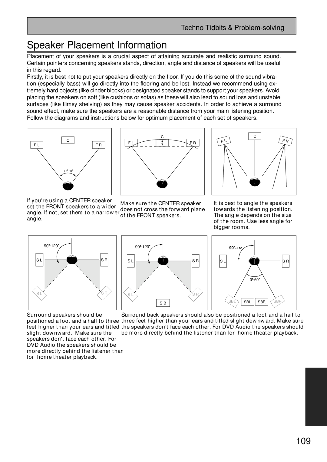 Pioneer VSX-45TX manual Speaker Placement Information, 109 