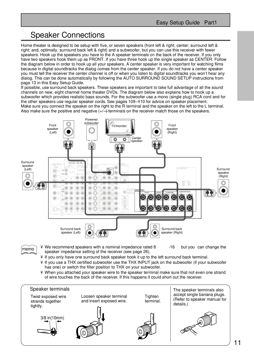 Pioneer VSX-45TX manual Speaker Connections, Speaker terminals, Speaker impedance setting of the receiver see 