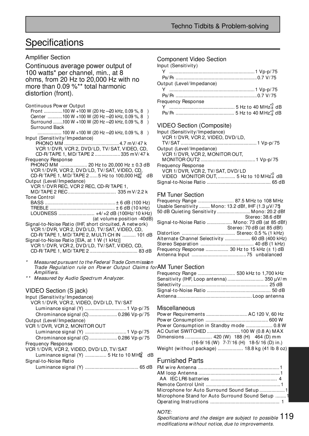 Pioneer VSX-45TX manual Specifications 