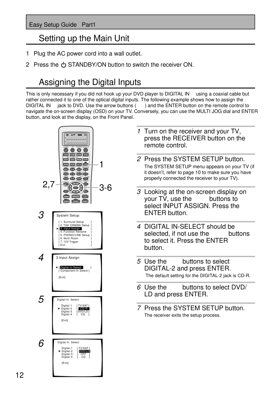 Pioneer VSX-45TX Setting up the Main Unit, Assigning the Digital Inputs, Default setting for the DIGITAL-2 jack is CD-R 