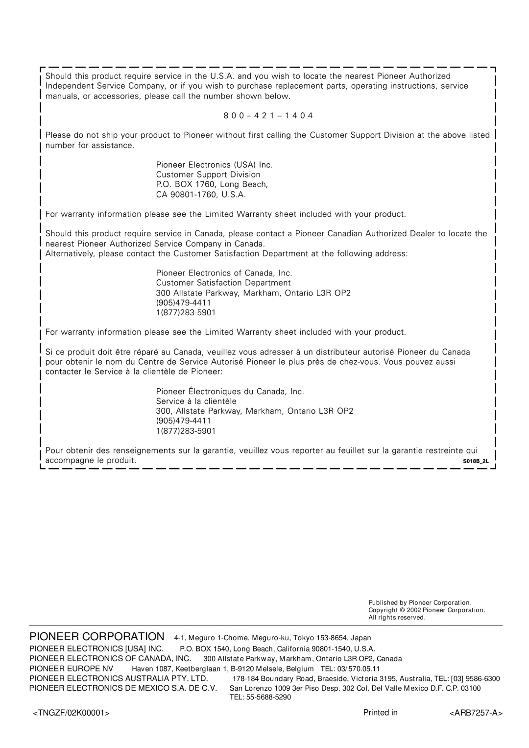 Pioneer VSX-45TX manual TNGZF/02K00001 Printed 