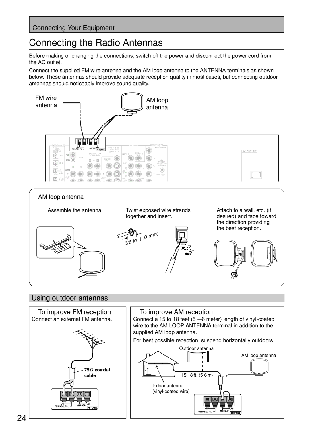 Pioneer VSX-45TX Connecting the Radio Antennas, Using outdoor antennas, To improve FM reception, To improve AM reception 