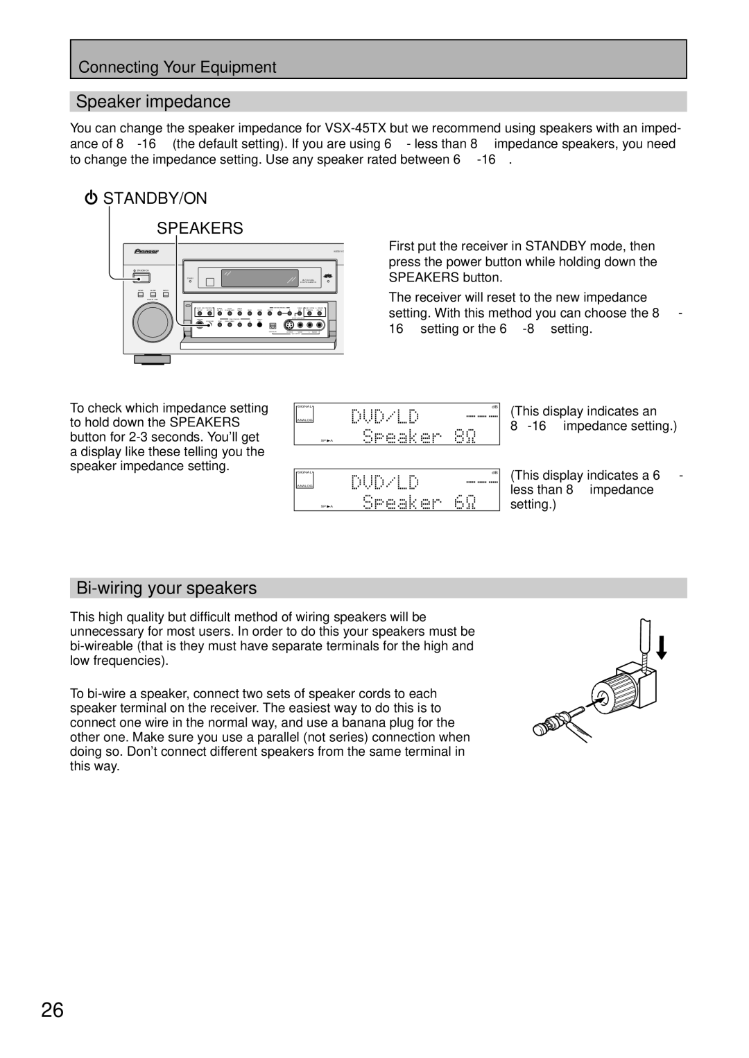 Pioneer VSX-45TX manual Speaker impedance, Bi-wiring your speakers 