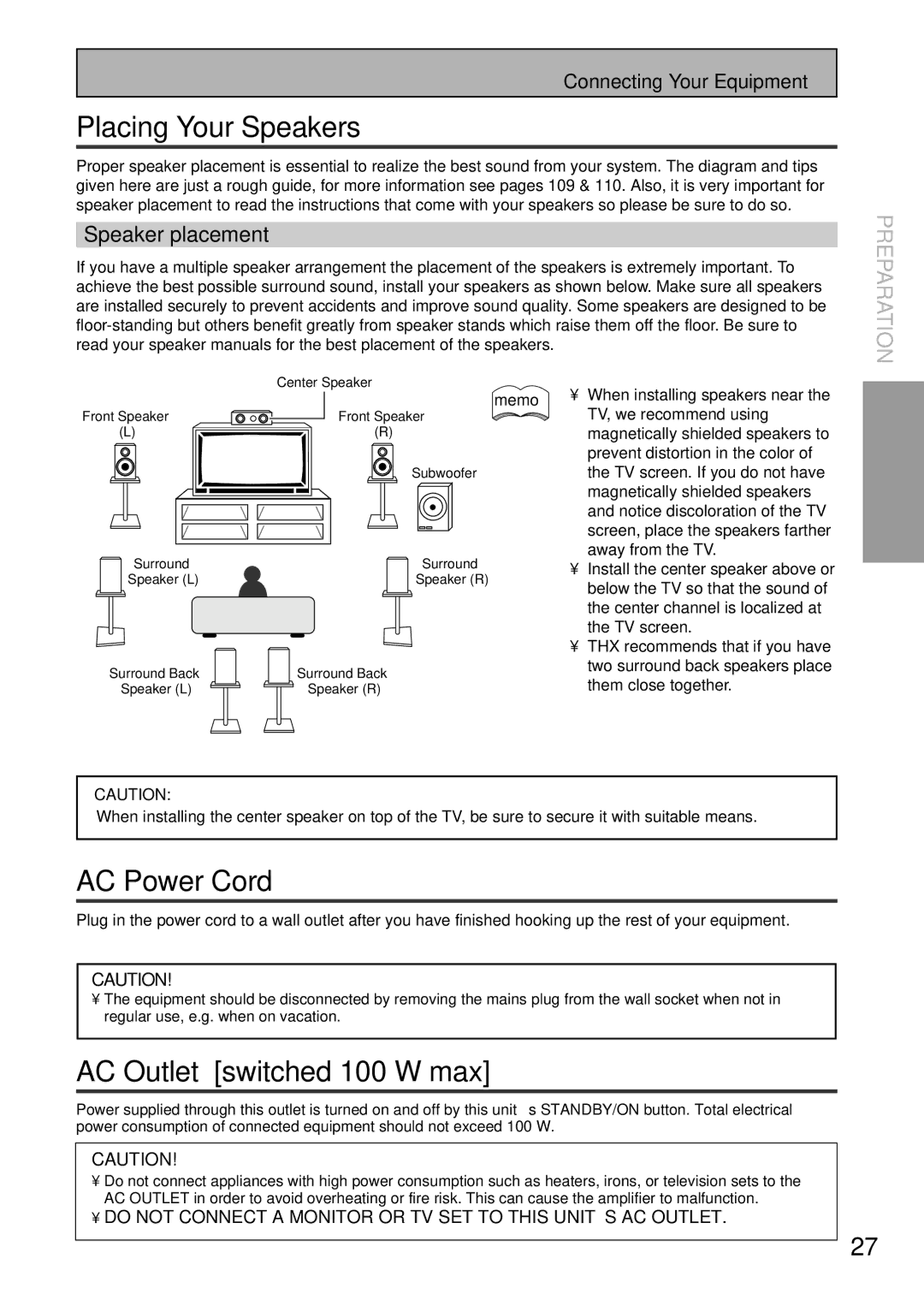 Pioneer VSX-45TX manual Placing Your Speakers, AC Power Cord, AC Outlet switched 100 W max, Speaker placement 