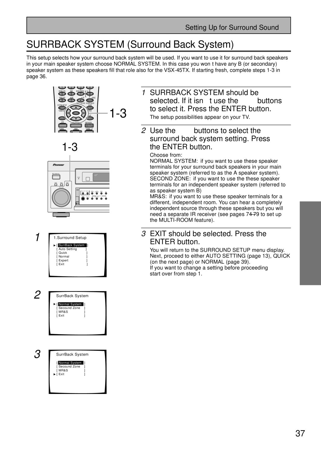 Pioneer VSX-45TX manual Surrback System Surround Back System, Surround back system setting. Press the Enter button 