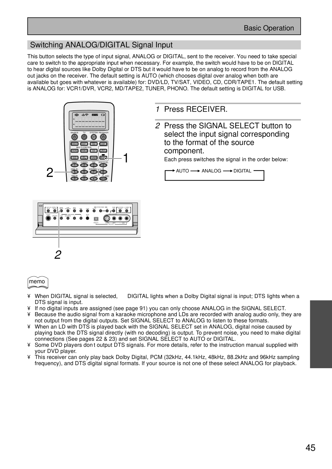 Pioneer VSX-45TX manual Switching ANALOG/DIGITAL Signal Input, Press Receiver, Press the Signal Select button to, Component 