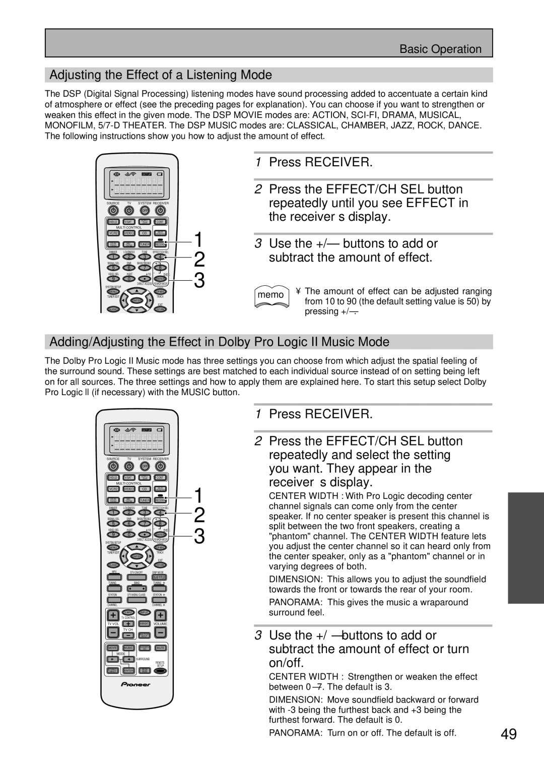 Pioneer VSX-45TX manual Adjusting the Effect of a Listening Mode, Press the EFFECT/CH SEL button, You want. They appear 