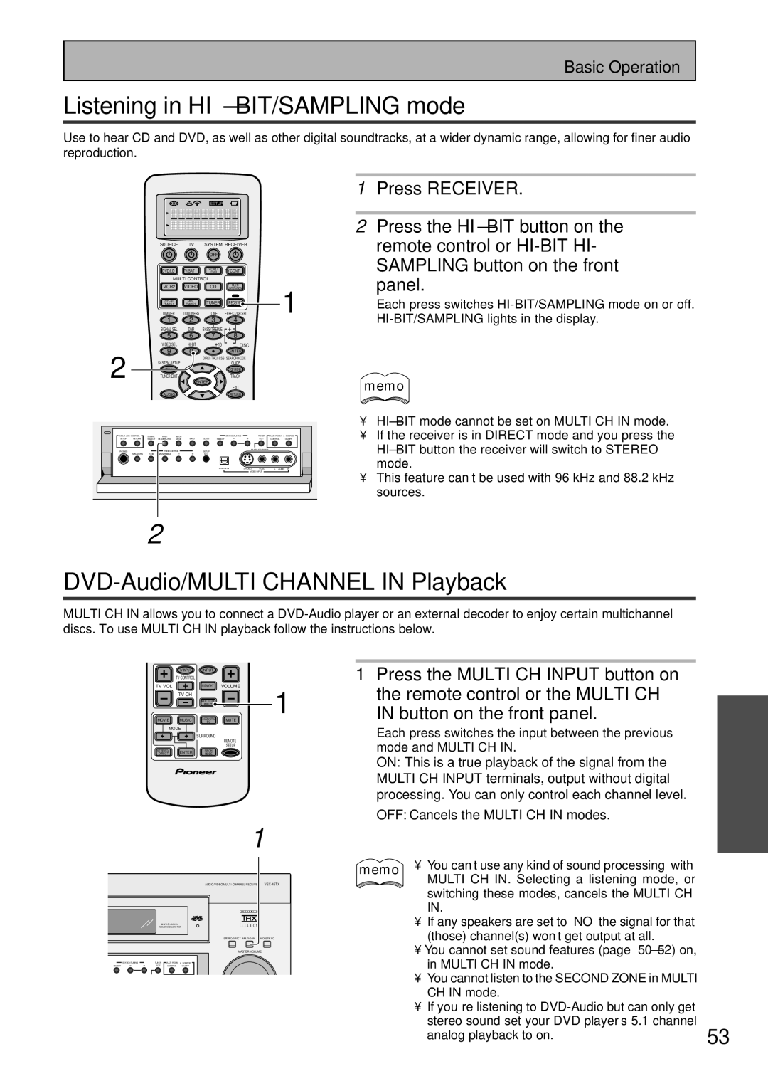 Pioneer VSX-45TX Listening in HI-BIT/SAMPLING mode, DVD-Audio/MULTI Channel in Playback, Remote control or the Multi CH 