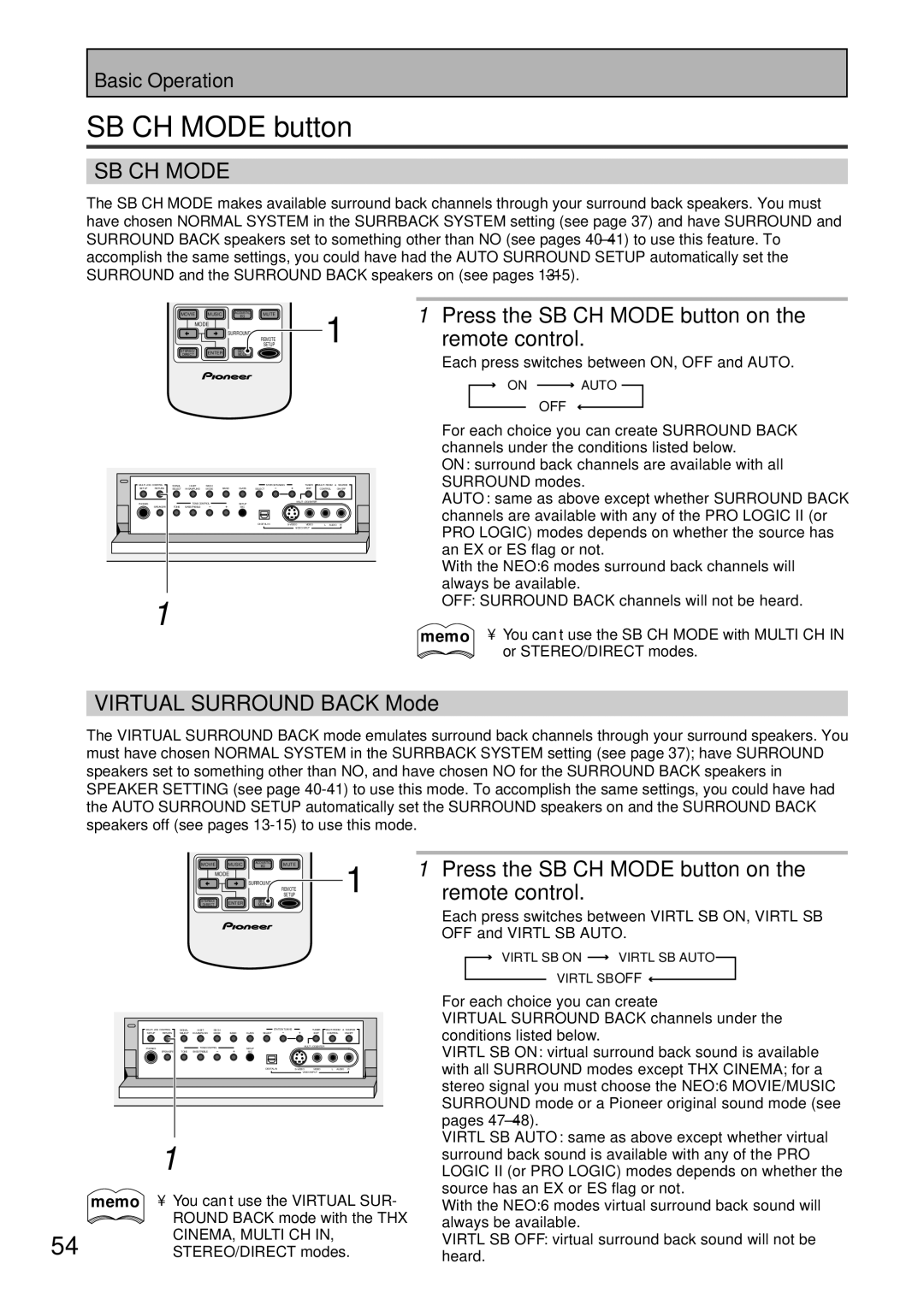 Pioneer VSX-45TX manual Press the SB CH Mode button on, Virtual Surround Back Mode 