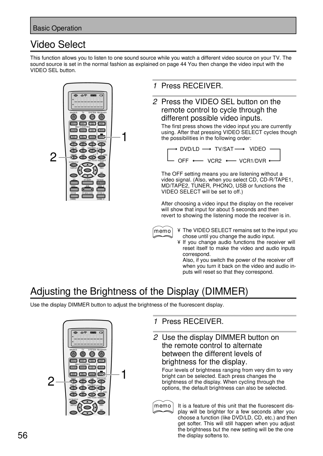 Pioneer VSX-45TX manual Video Select, Adjusting the Brightness of the Display Dimmer 