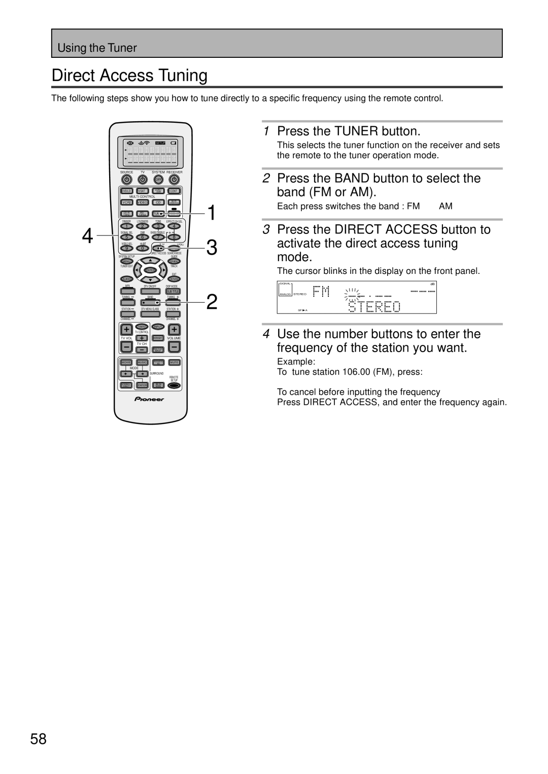 Pioneer VSX-45TX manual Direct Access Tuning, Press the Band button to select, Mode, Using the Tuner 