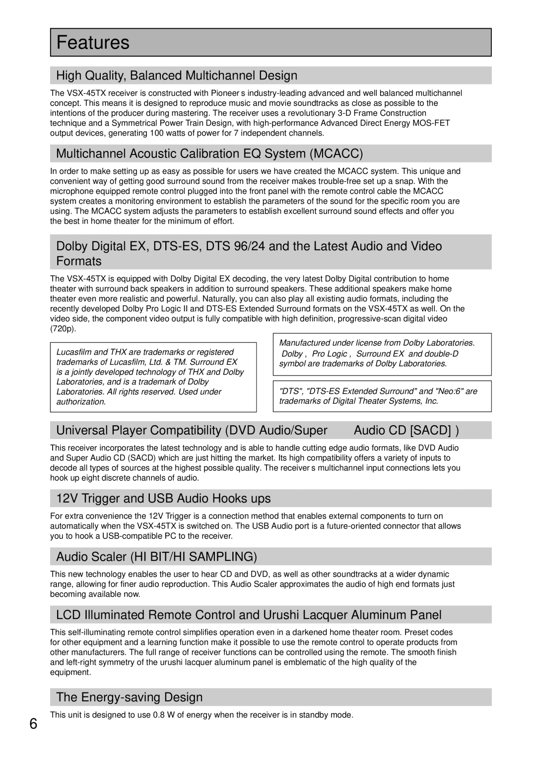 Pioneer VSX-45TX manual Features 