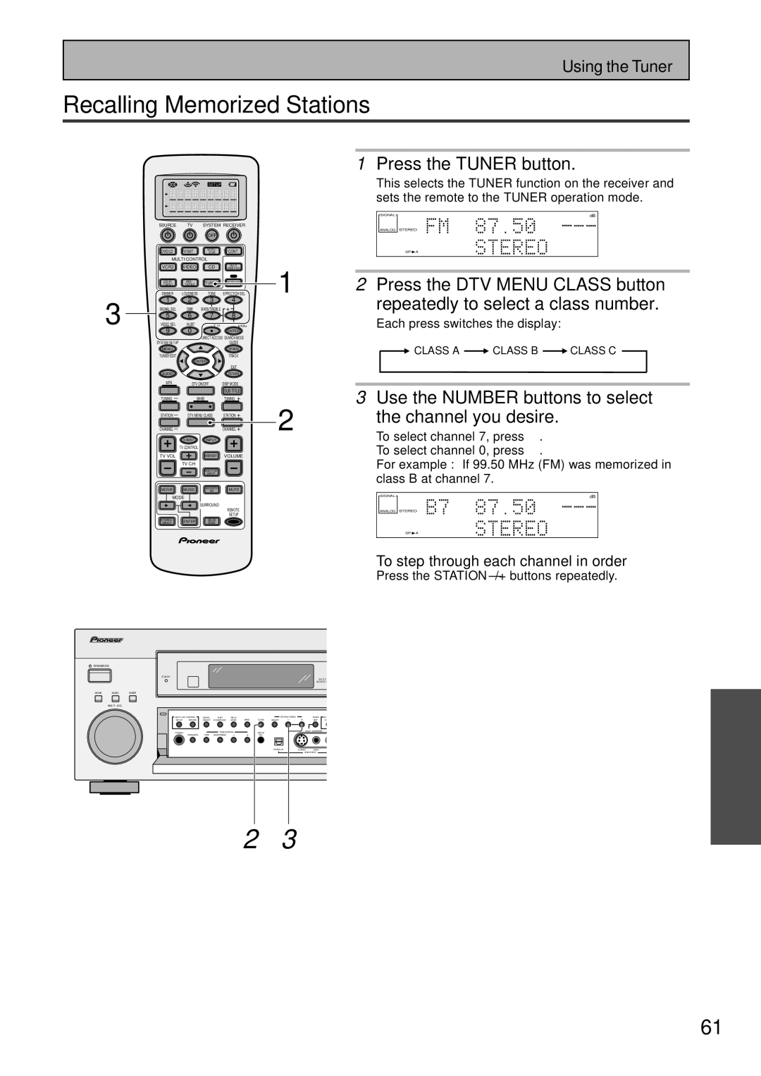 Pioneer VSX-45TX manual Recalling Memorized Stations, Use the Number buttons to select Channel you desire 