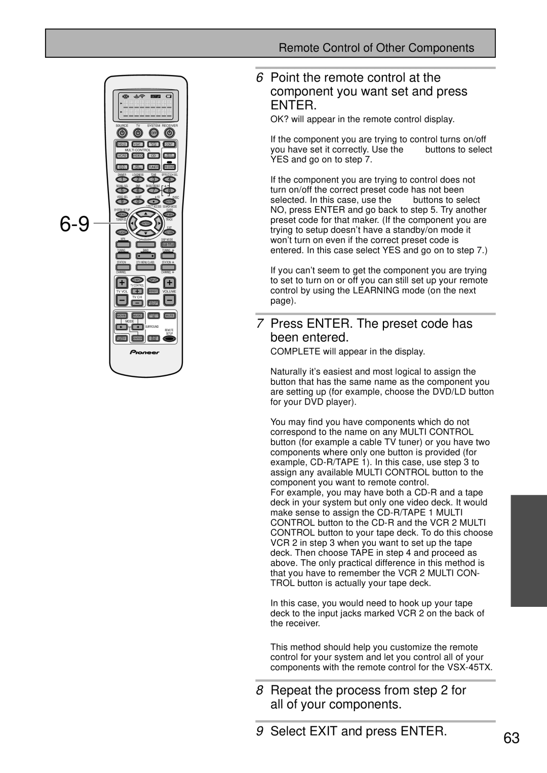 Pioneer VSX-45TX manual Press ENTER. The preset code has Been entered, Remote Control of Other Components 