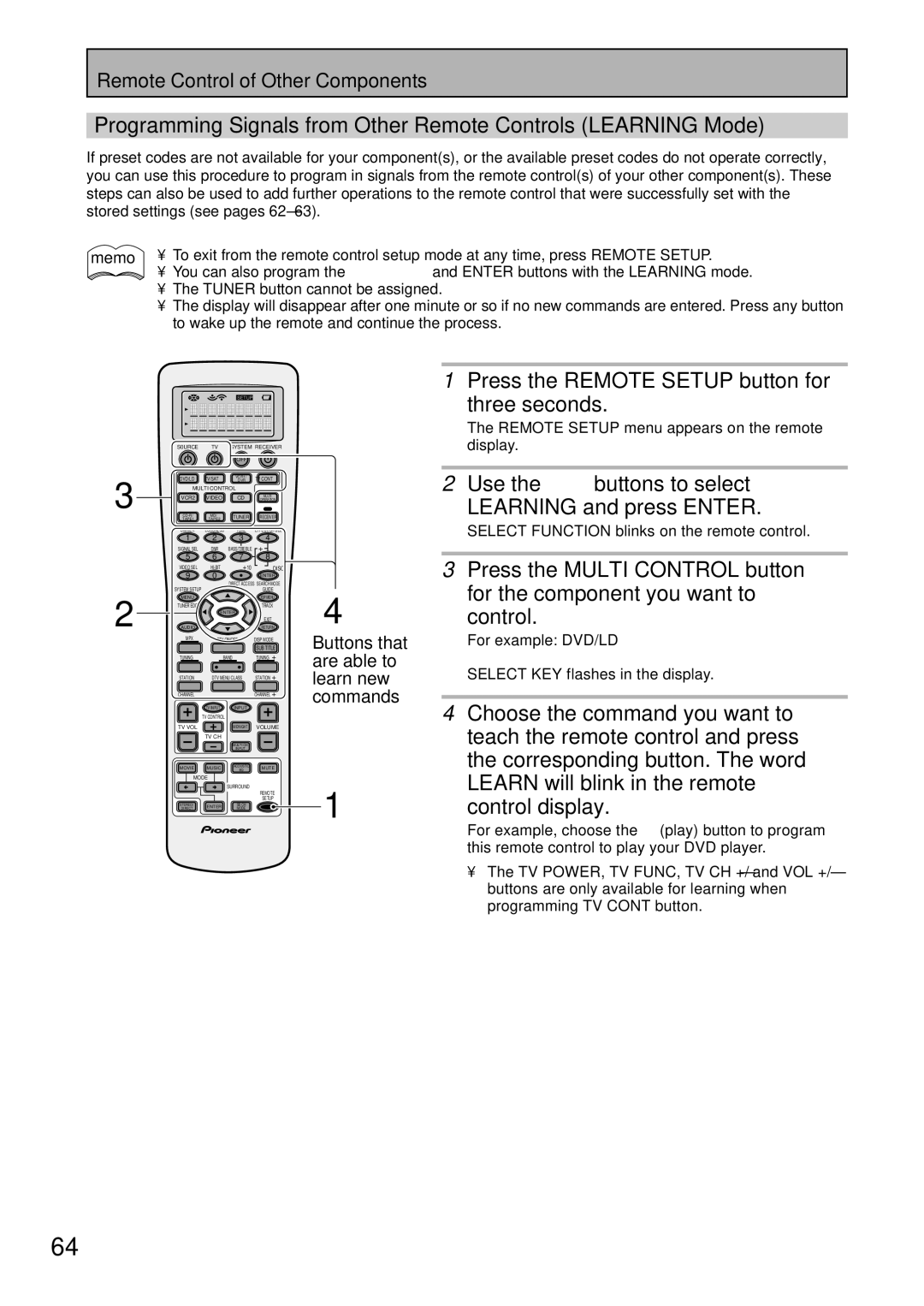 Pioneer VSX-45TX manual Use the 5∞ buttons to select Learning and press Enter, Select Function blinks on the remote control 