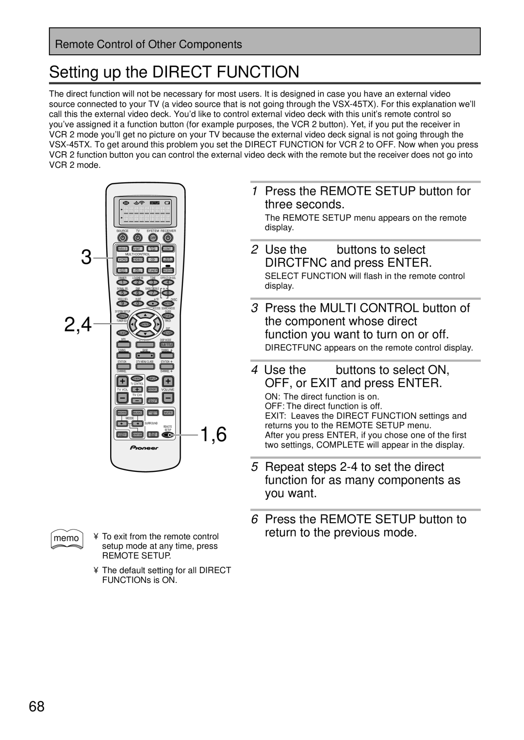 Pioneer VSX-45TX manual Setting up the Direct Function, Use the 5∞ buttons to select Dirctfnc and press Enter 