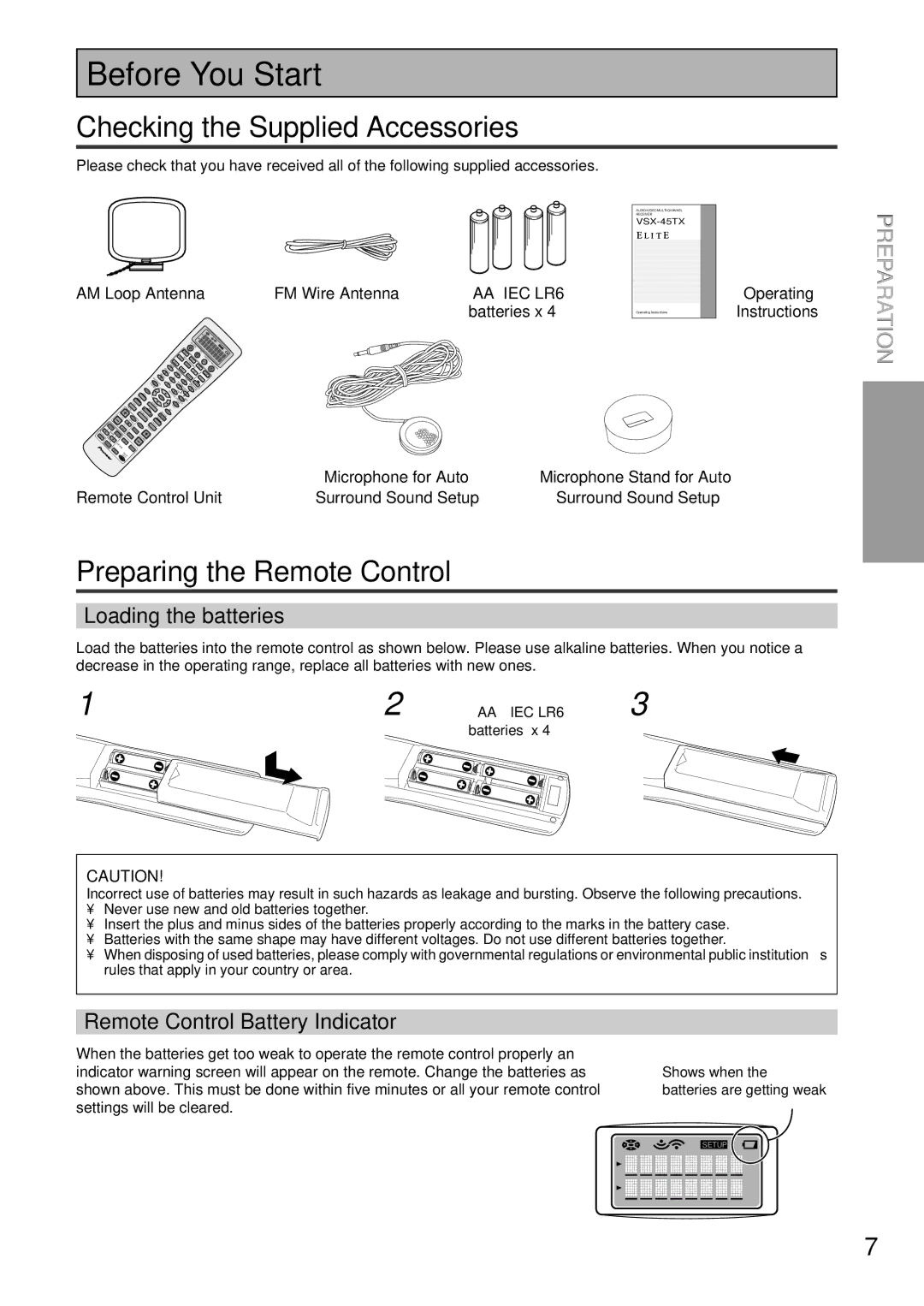 Pioneer VSX-45TX Before You Start, Checking the Supplied Accessories, Preparing the Remote Control, Loading the batteries 