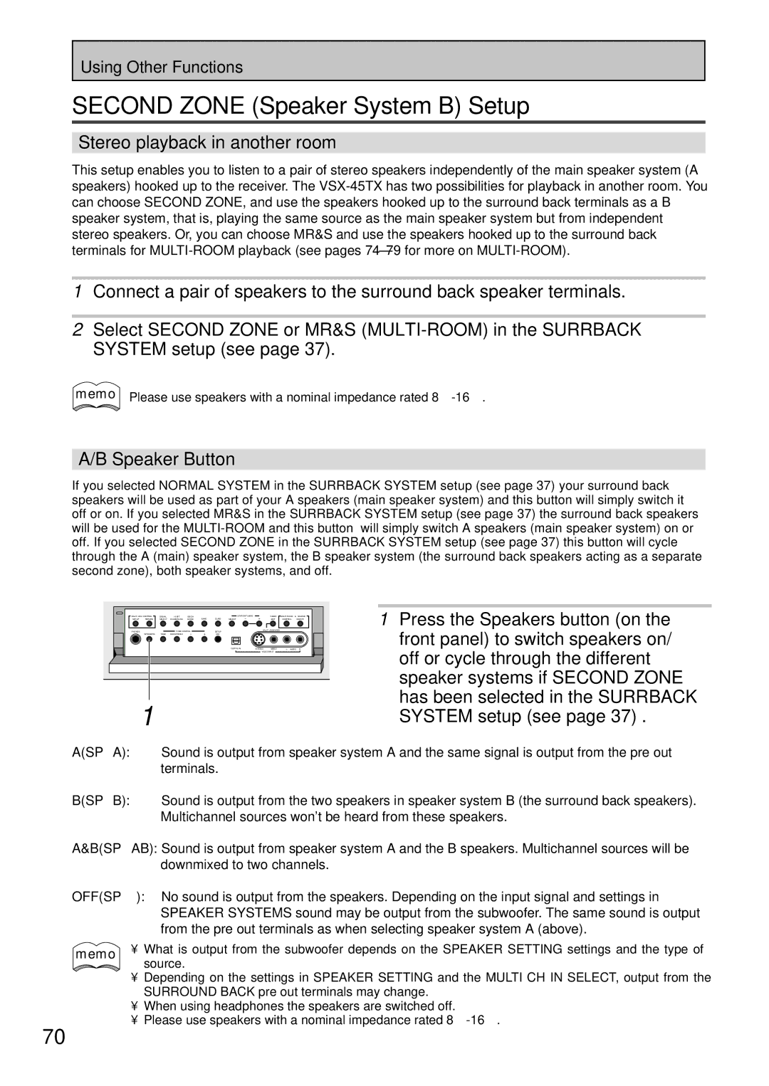 Pioneer VSX-45TX manual Second Zone Speaker System B Setup, Stereo playback in another room, Speaker Button, Source 