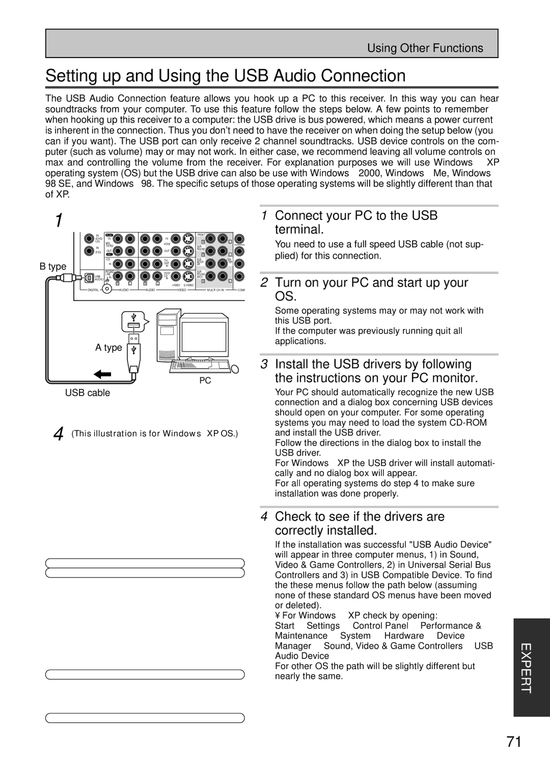 Pioneer VSX-45TX manual Setting up and Using the USB Audio Connection, Connect your PC to the USB, Terminal 