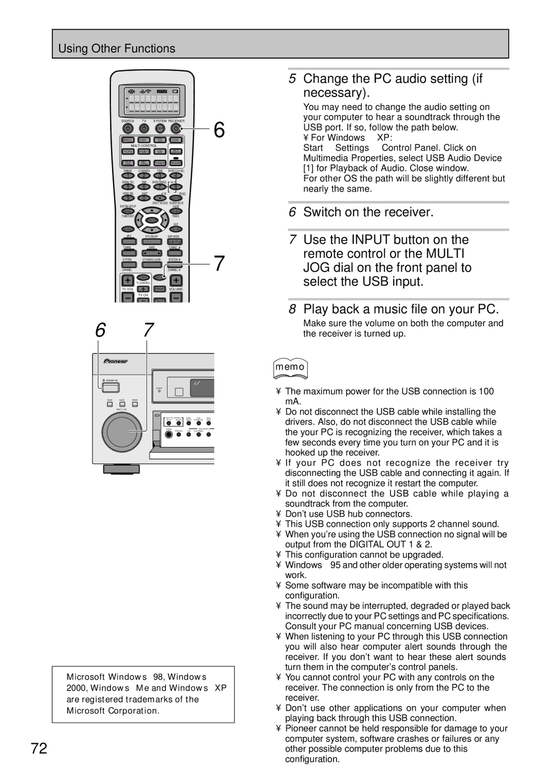 Pioneer VSX-45TX manual Change the PC audio setting if, Necessary, Switch on the receiver, Select the USB input 