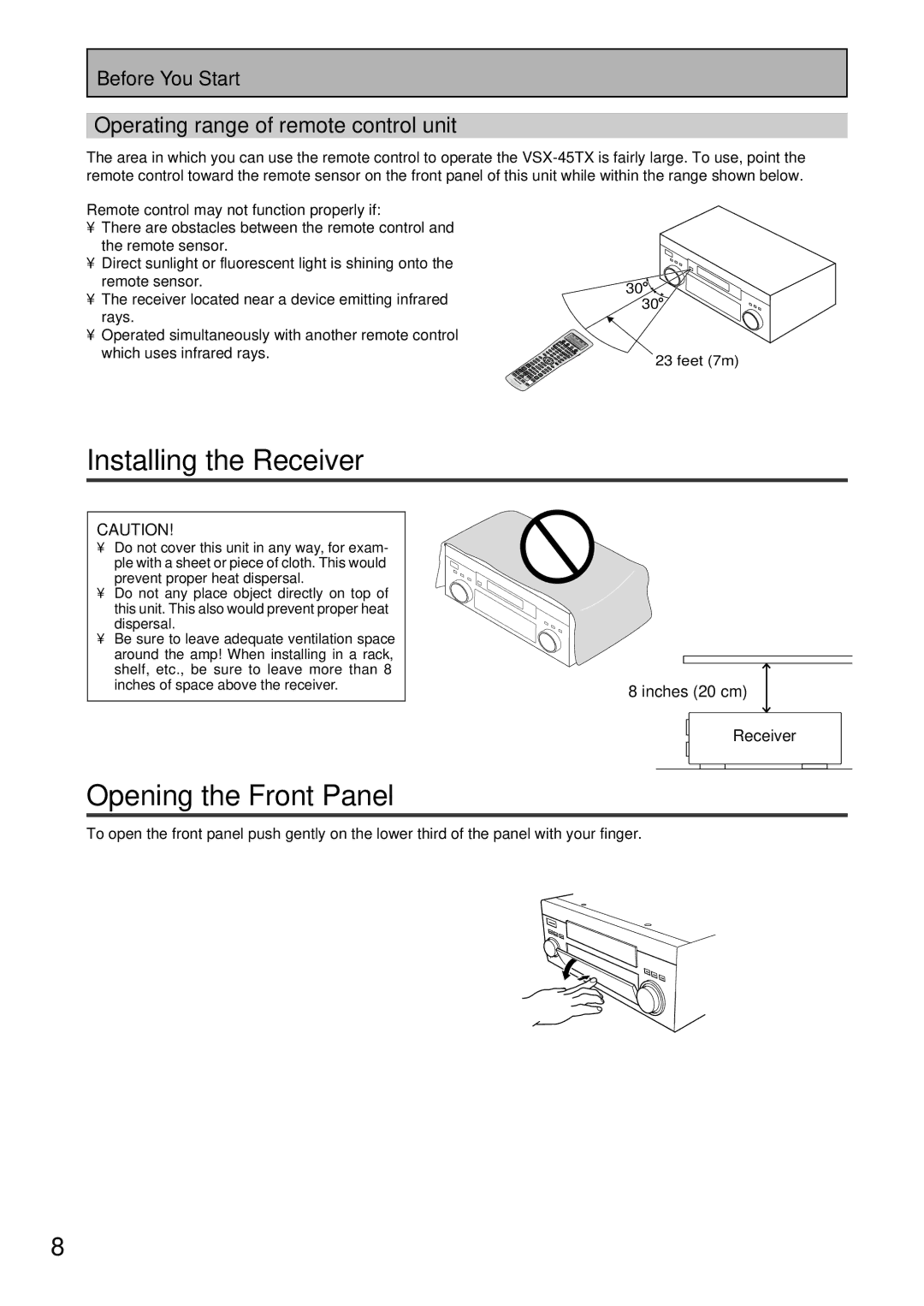 Pioneer VSX-45TX Installing the Receiver, Opening the Front Panel, Operating range of remote control unit, Inches 20 cm 