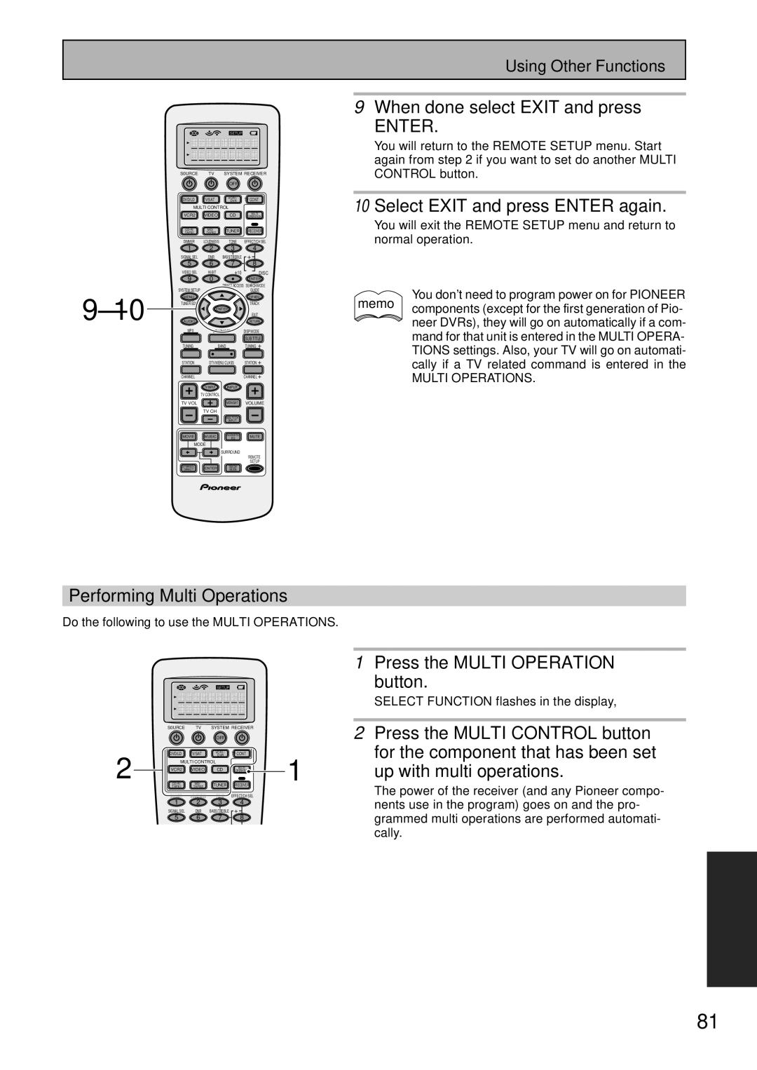 Pioneer VSX-45TX manual When done select Exit and press, Select Exit and press Enter again, Performing Multi Operations 