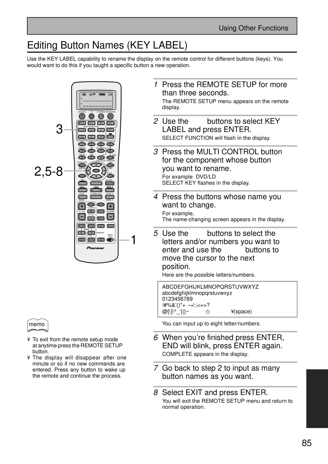 Pioneer VSX-45TX manual Editing Button Names KEY Label, Use the 5∞ buttons to select KEY Label and press Enter 