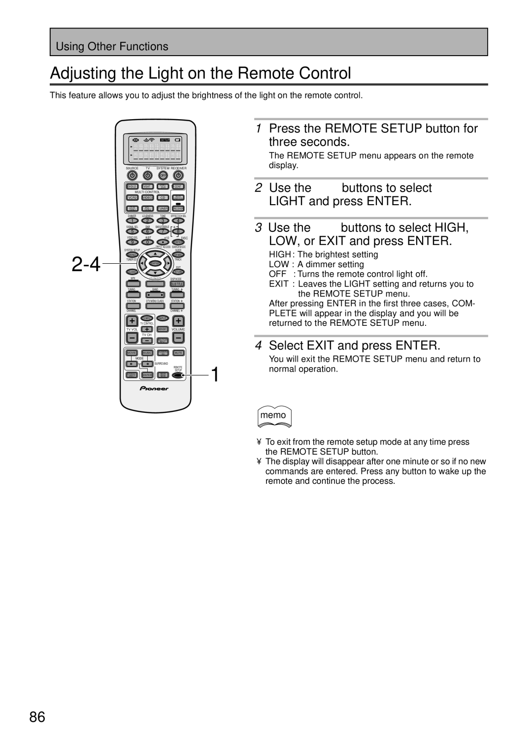 Pioneer VSX-45TX manual Adjusting the Light on the Remote Control, Light and press Enter 