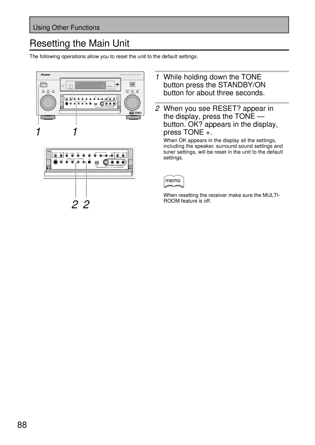 Pioneer VSX-45TX manual Resetting the Main Unit, When resetting the receiver make sure the Multi, Room feature is off 