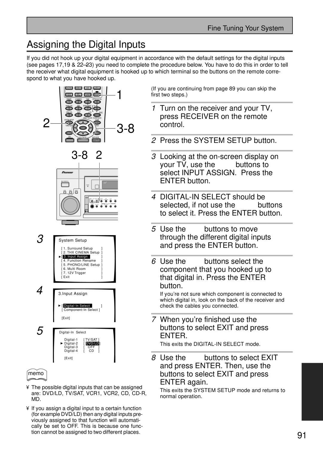 Pioneer VSX-45TX DIGITAL-IN Select should be, Selected, if not use the 5∞ buttons, This exits the DIGITAL-IN Select mode 