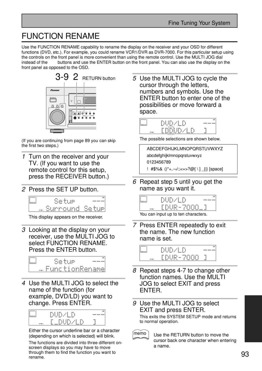 Pioneer VSX-45TX manual Use the Multi JOG to cycle, Cursor through the letters, Numbers and symbols. Use, Space 