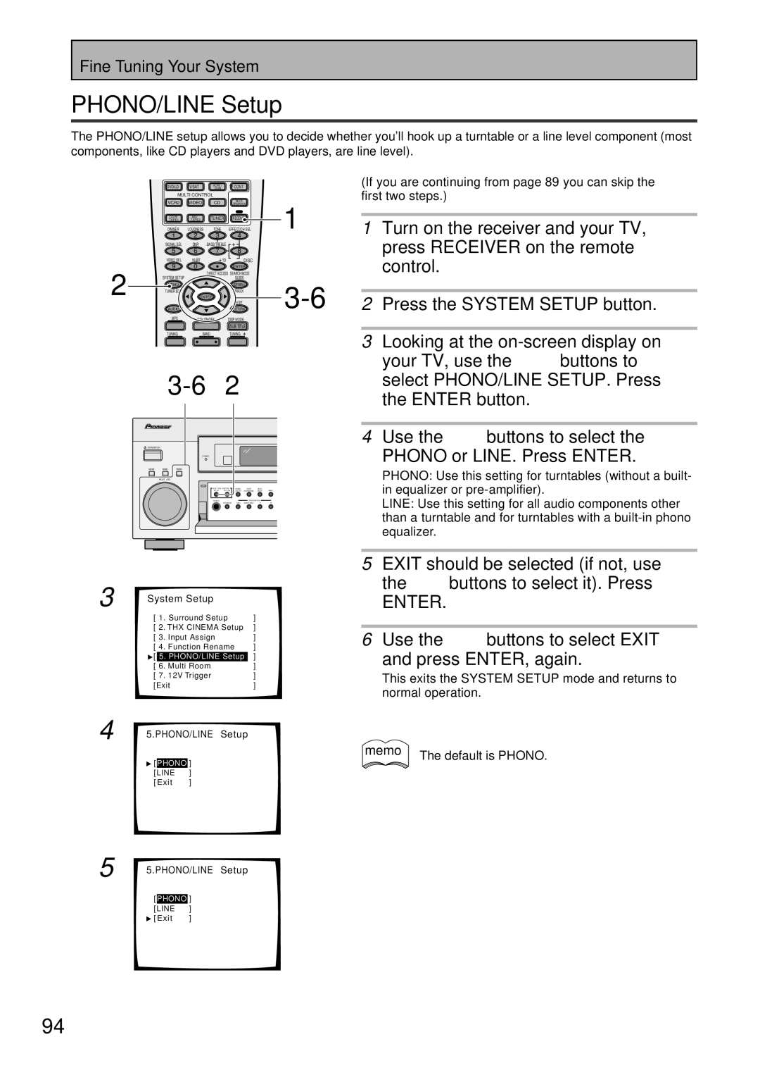 Pioneer VSX-45TX manual PHONO/LINE Setup, Use the 5∞ buttons to select Phono or LINE. Press Enter, Default is Phono 