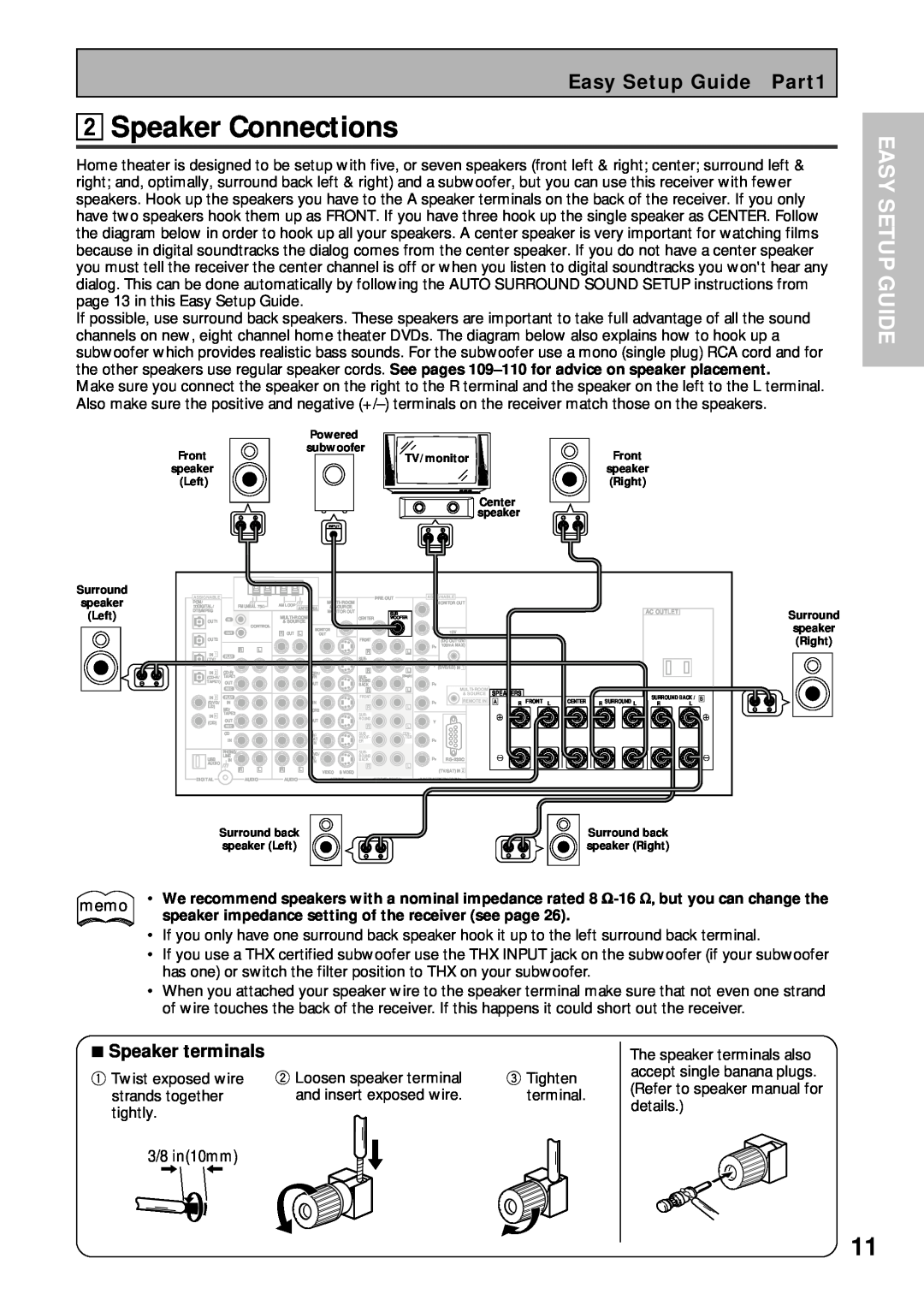 Pioneer VSX-45TX manual 2Speaker Connections, Easy Setup Guide Part1, memo 