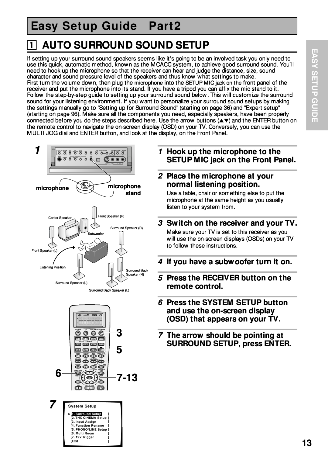 Pioneer VSX-45TX manual Easy Setup Guide Part2, 1AUTO SURROUND SOUND SETUP, Hook up the microphone to the 