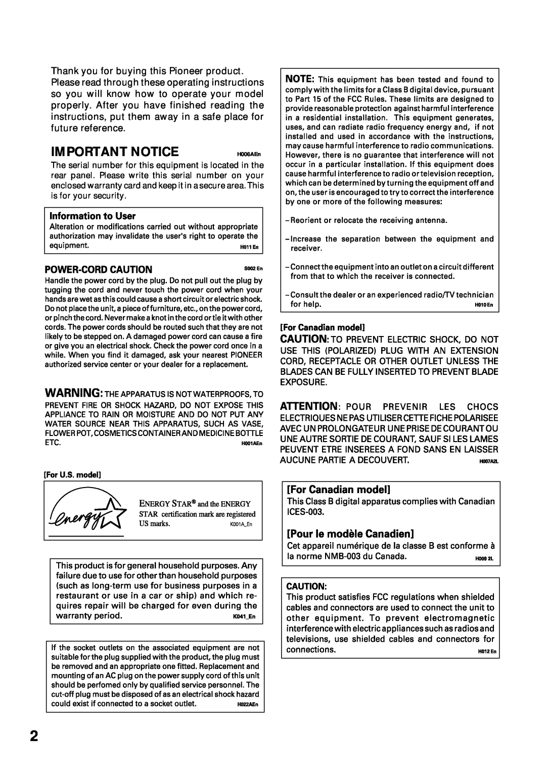 Pioneer VSX-45TX manual Important Notice, H006AEn 