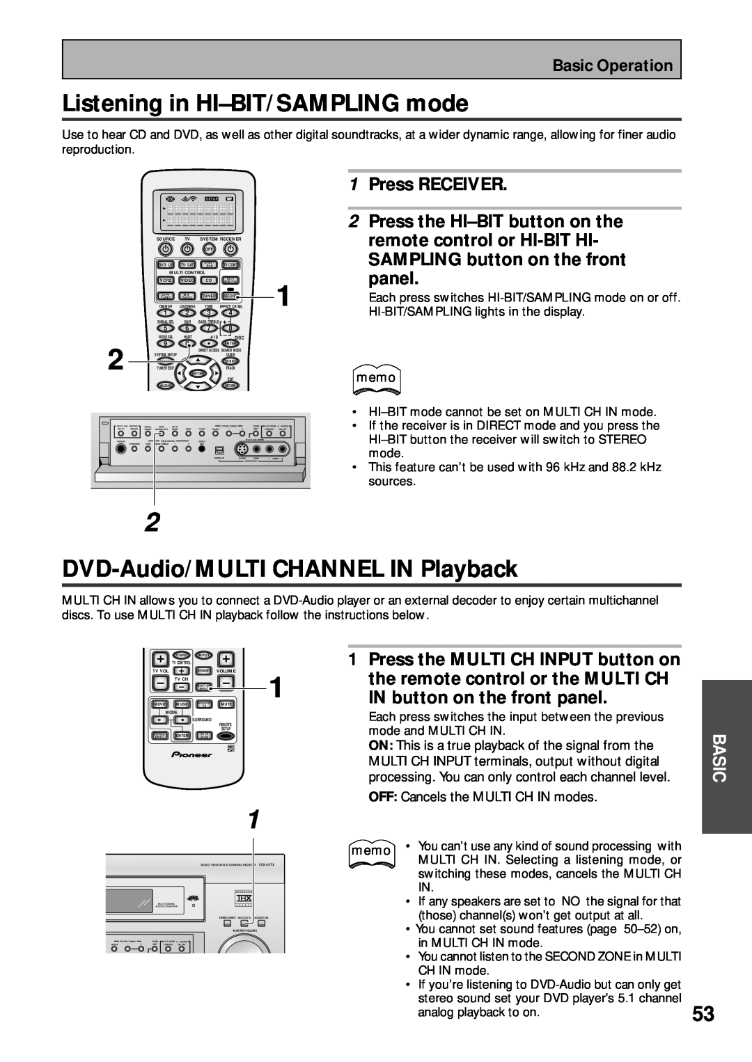 Pioneer VSX-45TX Listening in HI–BIT/SAMPLINGmode, DVD-Audio/MULTICHANNEL IN Playback, IN button on the front panel 