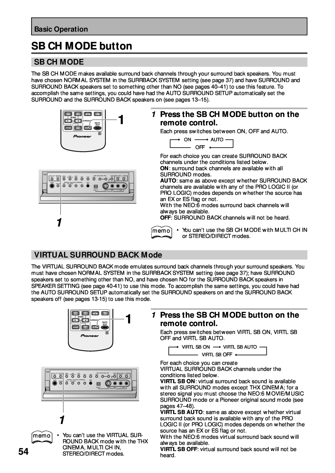 Pioneer VSX-45TX manual Sb Ch Mode, Press the SB CH MODE button on the, VIRTUAL SURROUND BACK Mode, remote control 