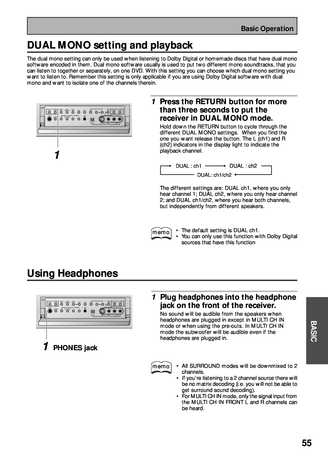 Pioneer VSX-45TX manual DUAL MONO setting and playback, Using Headphones, receiver in DUAL MONO mode, PHONES jack, Basic 