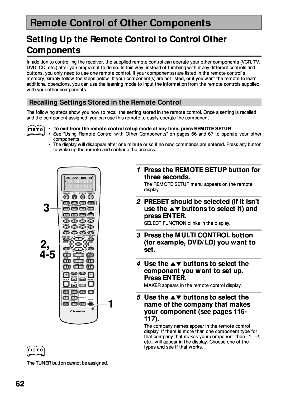 Pioneer VSX-45TX manual Remote Control of Other Components, Recalling Settings Stored in the Remote Control 